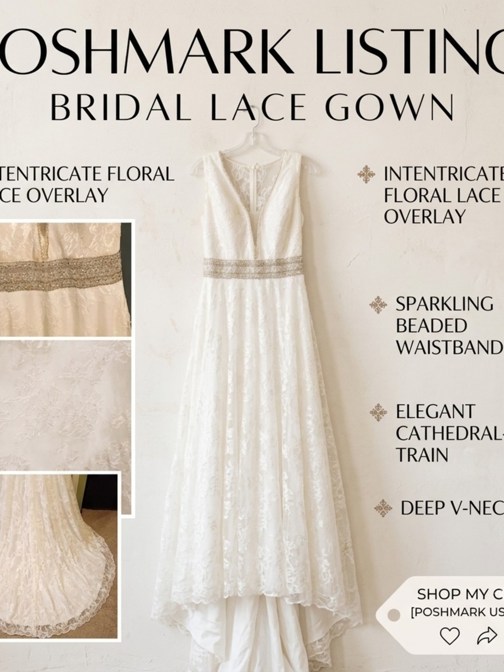 Bridal Lace Gown with Sparkling Beaded Waistband - Ivory